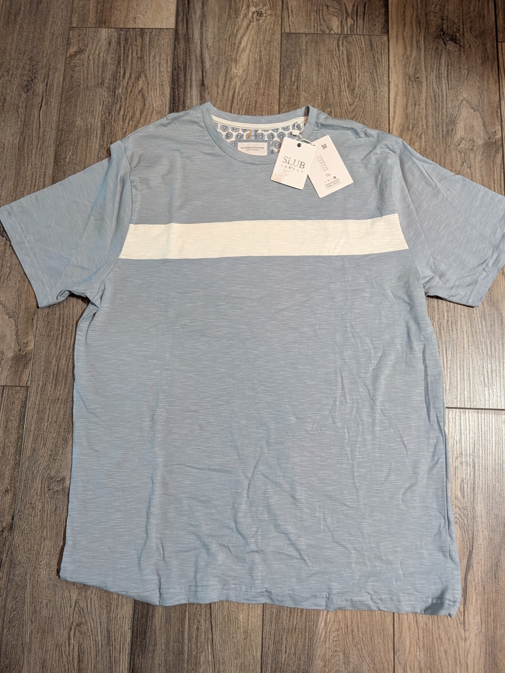 Denim & Flower Light Blue Slub Crewneck T-Shirt with White Stripe - Brand New